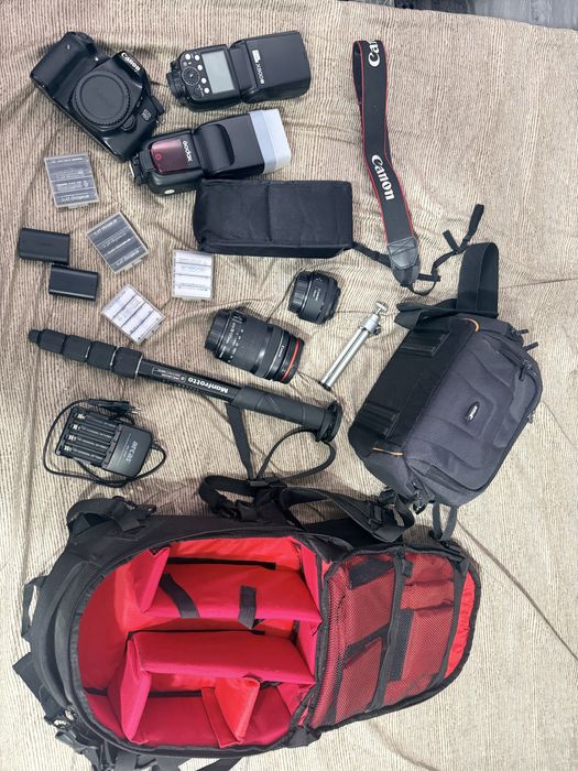 Kit foto complet Canon 70D + 18-135 + 50mm + 2 blițuri + Manfrotto