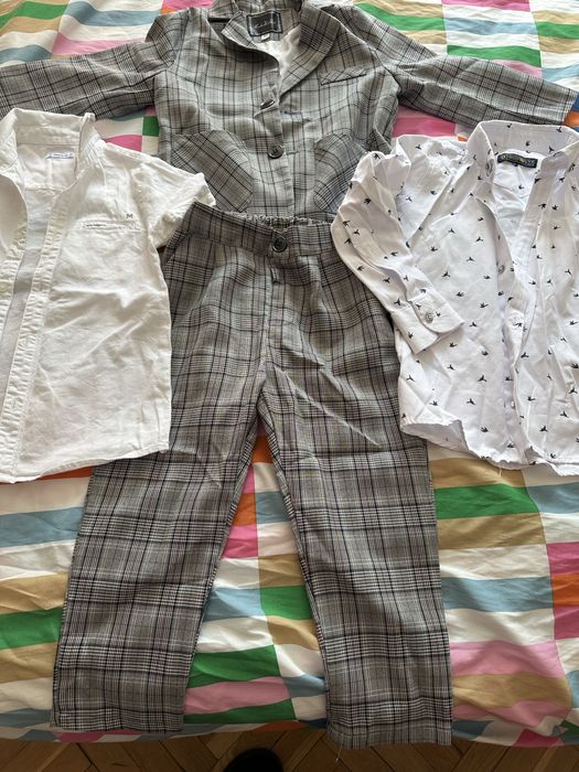 Сет - детски сив кариран костюм със сако , панталони и 2 ризки