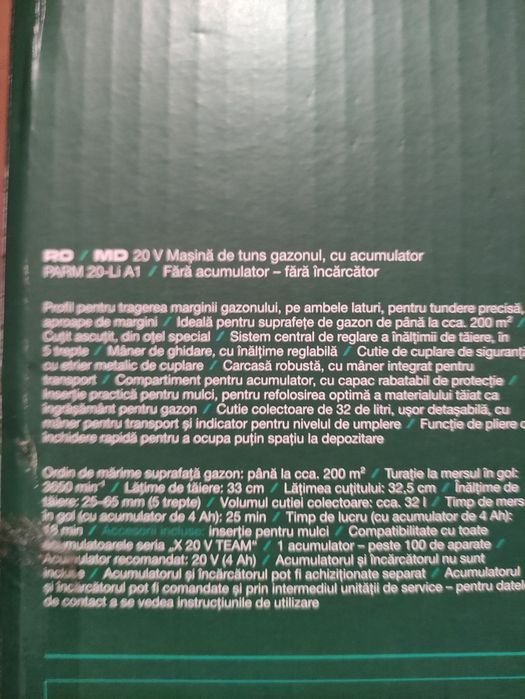 Masina de tuns iarba gazonul pe acumulator de 20 V Parkside