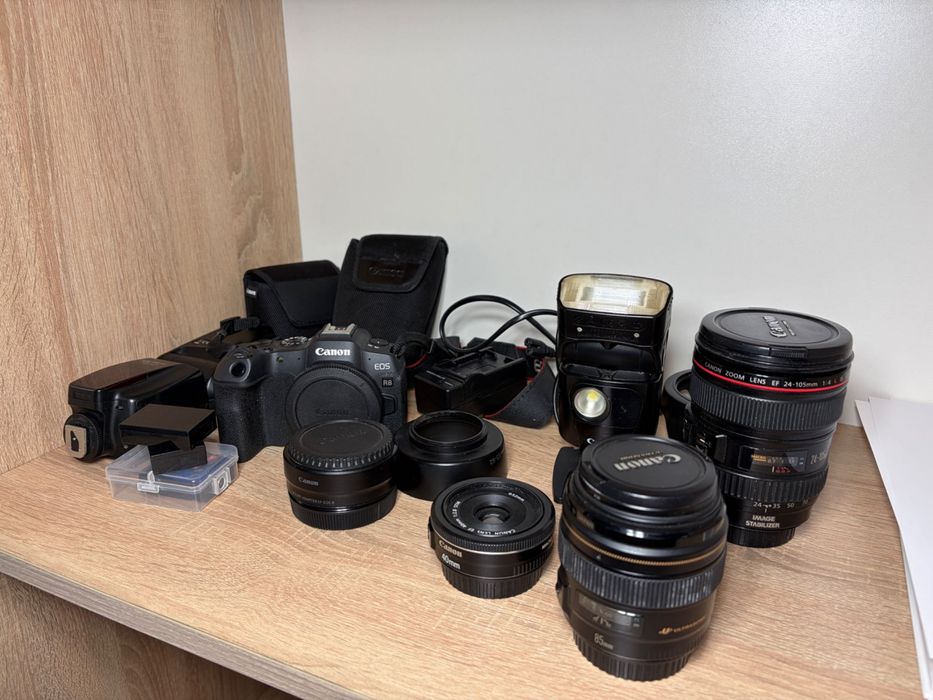 Canon R8, EF 24-105 mm 4L, EF 85 mm 1.8, EF 40 mm 2.8, Вспышка, RF-EF