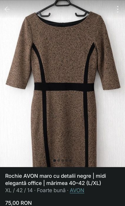 Rochie AVON maro cu detalii negre, midi elegantă, mărimea L–XL (40–42)