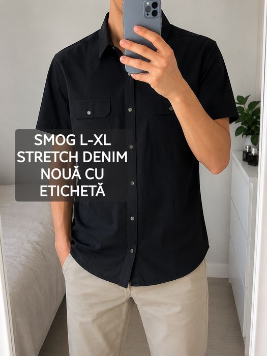 SMOG L- XL cămașă neagră slim fit denim elastic cu capse smart casual urban premium