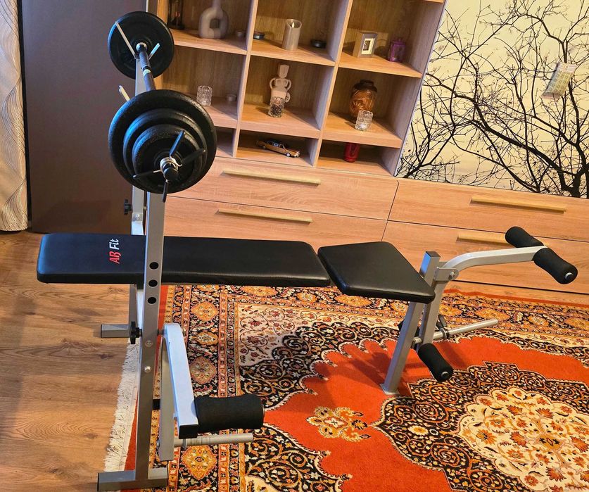 Banca exercitii + haltera cu greutati fonta 25 kg