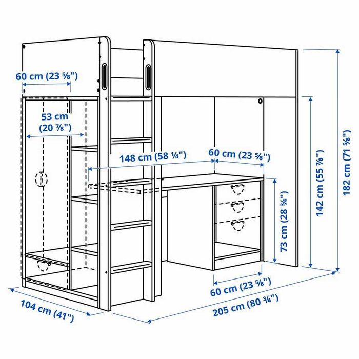 pat suspendat 90 x 200 cm, cu birou, dulap si spatiu depozitare