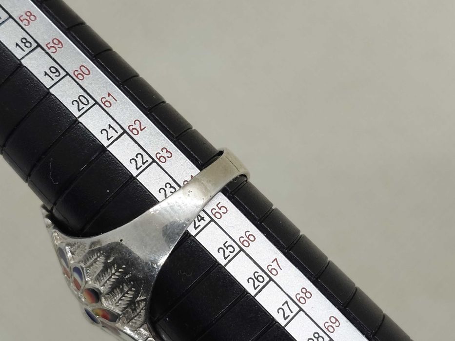 Inel din argint masiv cu detalii emailate, model căpetenie amerindiană