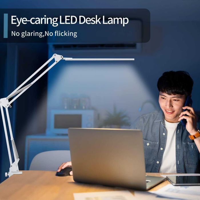 LED настолна лампа, настолна лампа с регулируемо рамо brightower и скоба, грижовна за очите