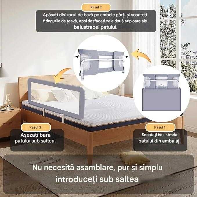 Bara de pat portabila 175 cm, protectie impotriva caderii din pat
