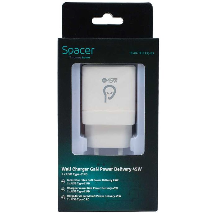 Încărcător Rețea Spacer GaN 45W, Power Delivery, 2x USB-C