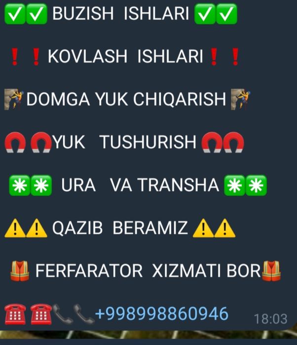 Kovlash ishlari yuk tushirish ura transha qazib birish