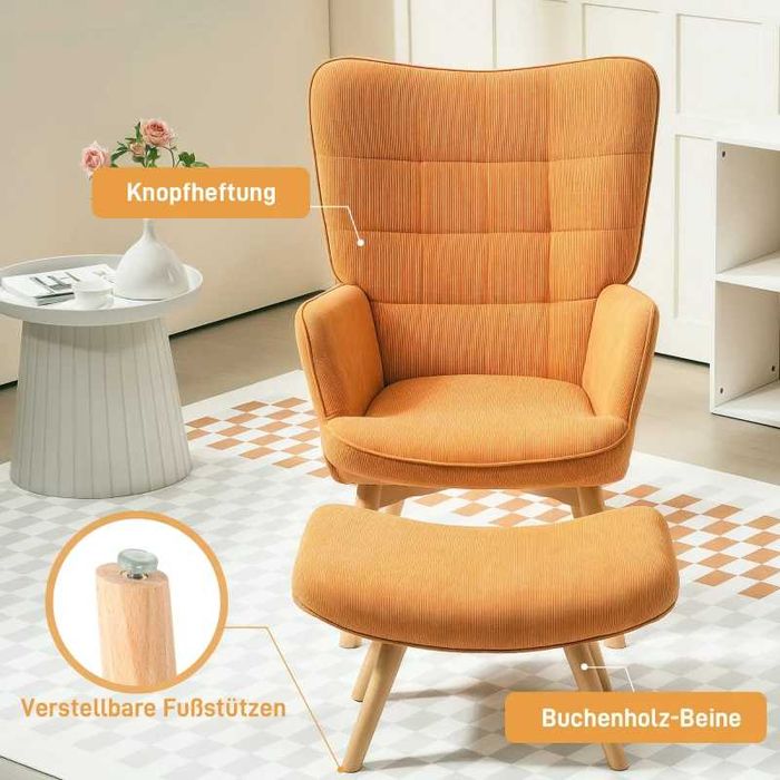 Промоция HOMCOM  Релаксиращ стол с табуретка, от рипсено кадифе