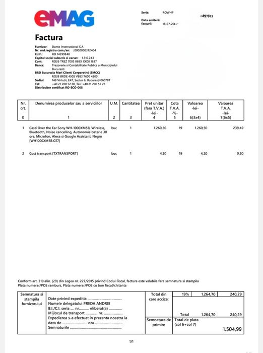 Casti Sony WH-1000XM5 ~ NOI ~ factura eMag