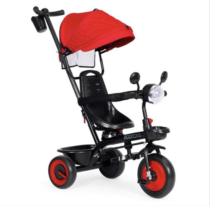 Детска триколка, количка, 3 в 1, въртяща се седалка, червен сенник