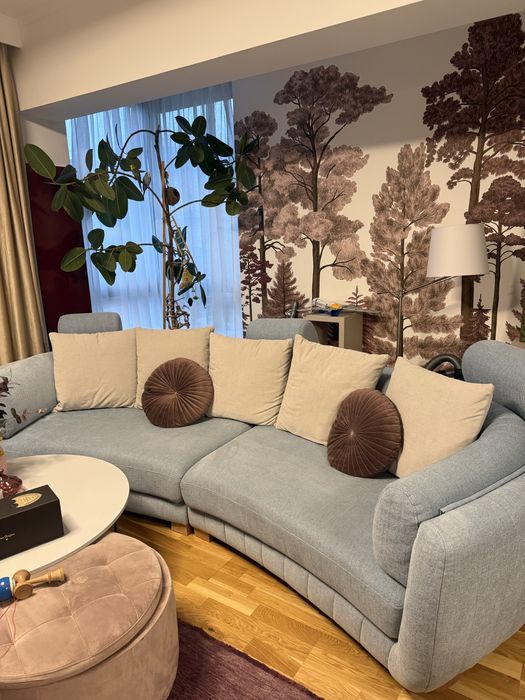 Canapea albastra fixa cu 2 fotolii