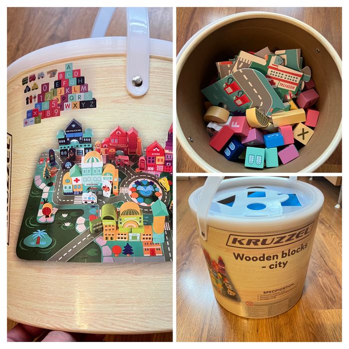 Дървени играчки: Кофа с кубчета Eichorn, кофа Kruzzer град