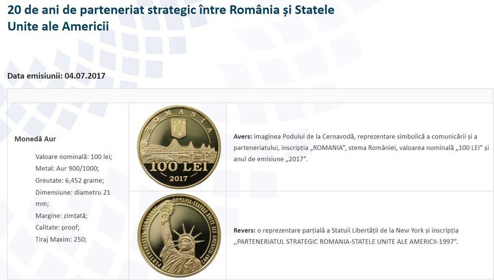 Moneda aur BNR 100 Lei, parteneriat Romania-SUA, gradata NGC PF 67 UC