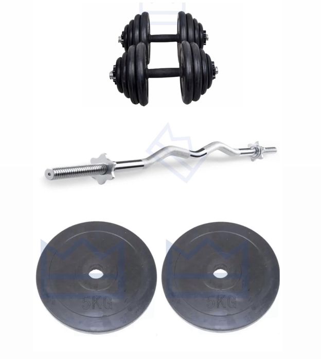 Фитнес комплект дъмбели 2 х 10 кг + крив лост + дискове 2 х 5 кг