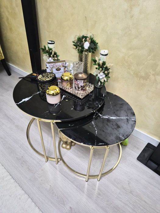 Set 2 mese cafea, sticla neagra marmorat  cu cadru  auriu