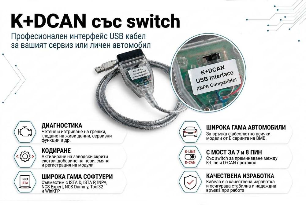 K+DCAN кабели със суич / мост / switch за всички BMW E серии съвместим с INPA, NCS, ISTA+ D