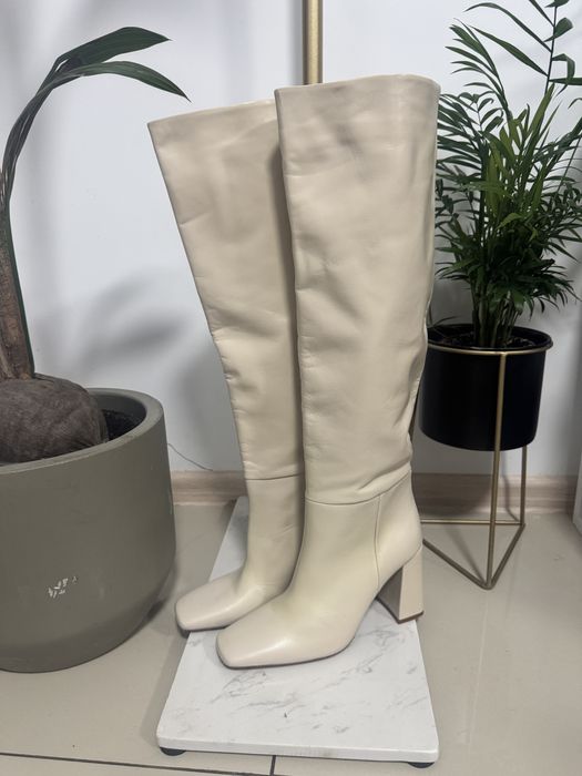 Cizme crem deschis din piele naturală bot pătrat și toc gros Zara 37