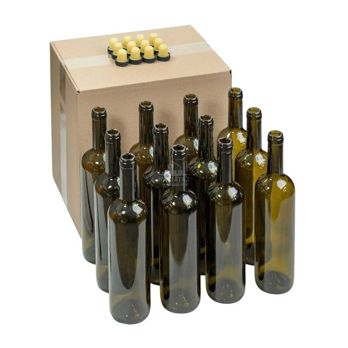 Стъклени бутилки 750 мл. тъмни за вино и ракия, 12 броя + кашон + тапи