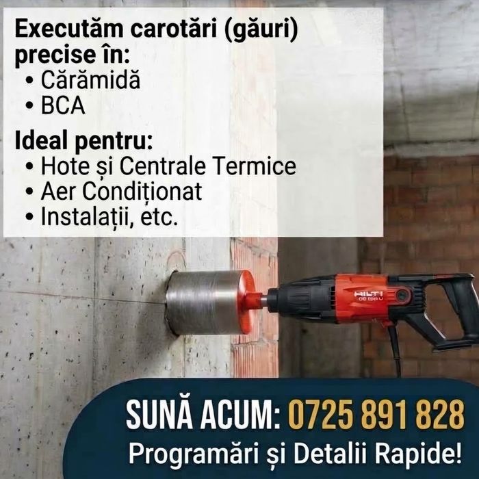Carotare profesională – Găuri hotă, centrală, climatizare, instalații (Fără praf)