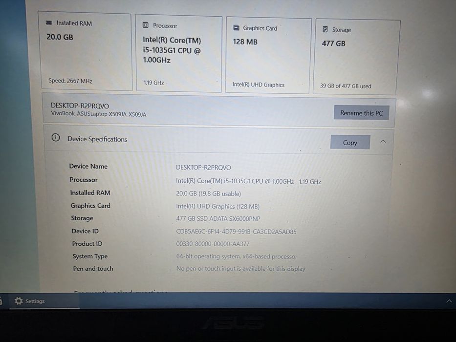 Laptop Asus x509JA I5 gen10 \20 giga ram \480 ssd