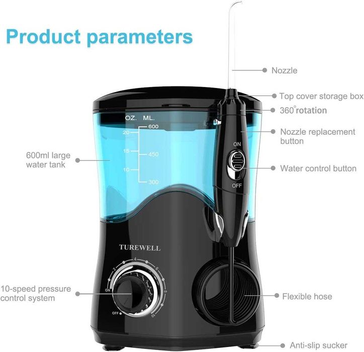 Зъбен душ TUREWELL орален иригатор 600ml 10 регулируеми налягания