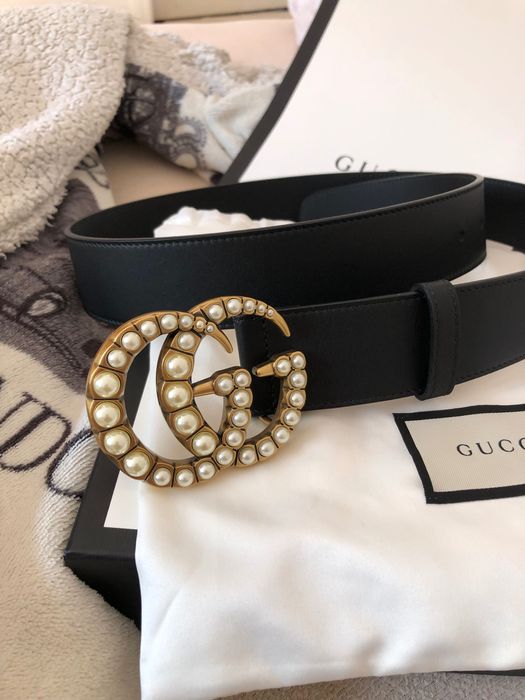 Curea originala Gucci Black Leather Belt With Pearl Double G Buckle