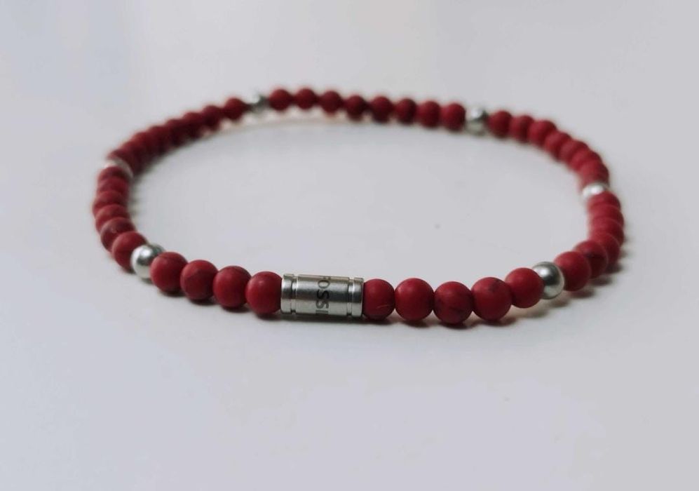 Bratara unisex Fossil elastica, marmura roșie si oțel inoxidabil,copii