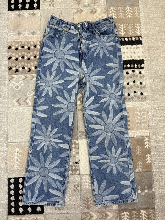 Blugi jeans largi cu imprimeu floral eleganti cu talie inalta