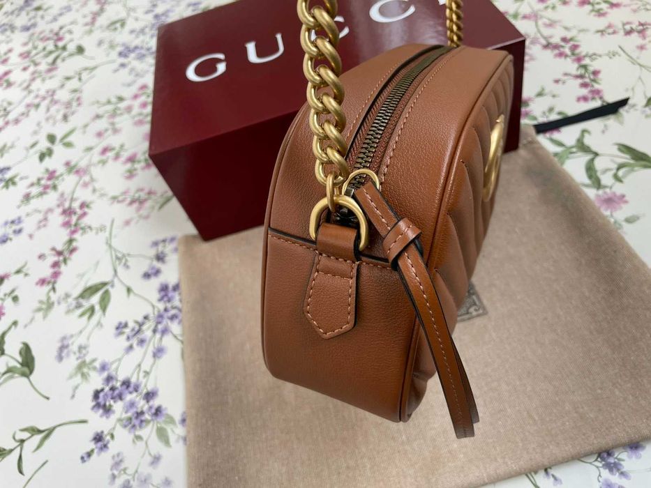 Оригинална Gucci Чанта Marmont Кафява Шеврон кожa Гучи Златно GG Лого и Аксесоари