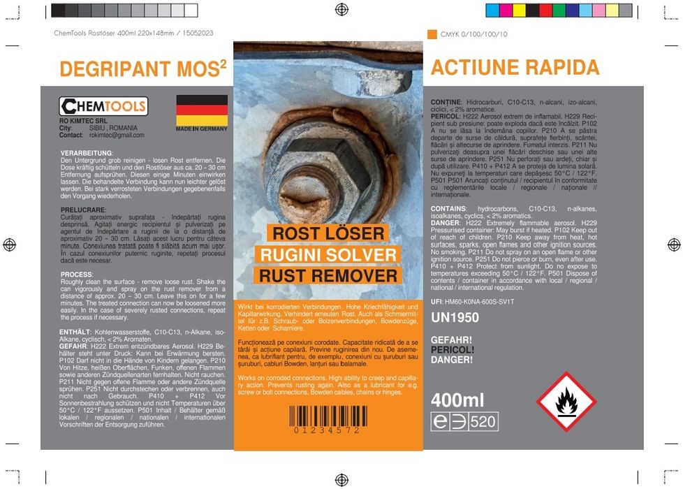 Spray degripant Germania 400ml.Deruginol Chemtools MOS2.Pret/12buc