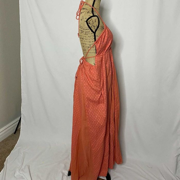 Free People Boho Maxi Dress S Coral V Neck Tie Back Textured Gathered Used