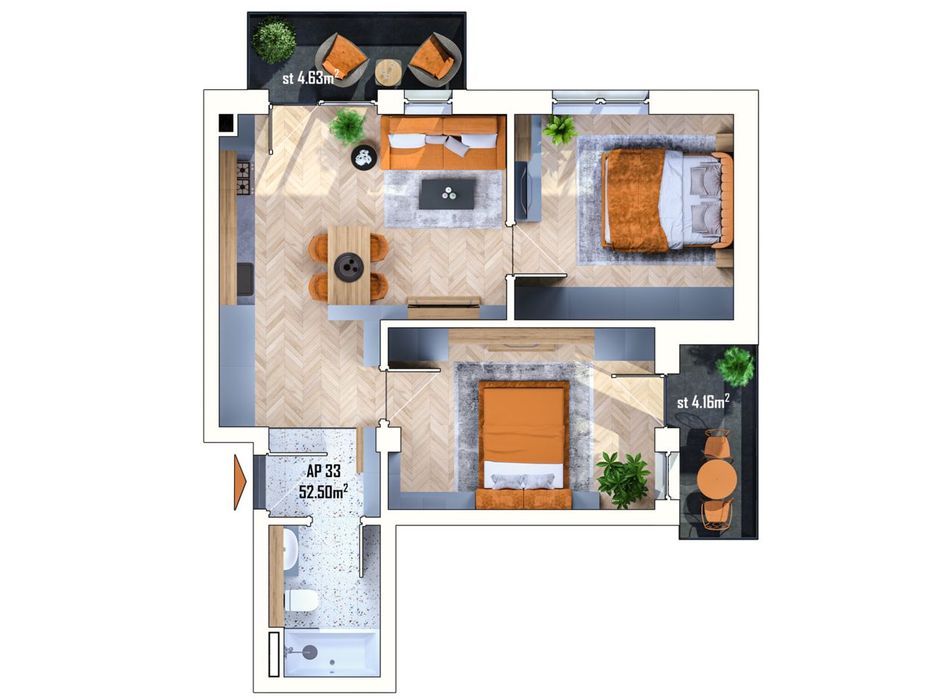 Apartament 3 camere | 52,50 mp utili + 2 balcoane 8,78 mp |Estimo Park