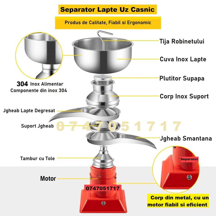 Separator Smantana, Inox, 50-100L/h, uz Casnic, 12/220V, Nou, Garantie