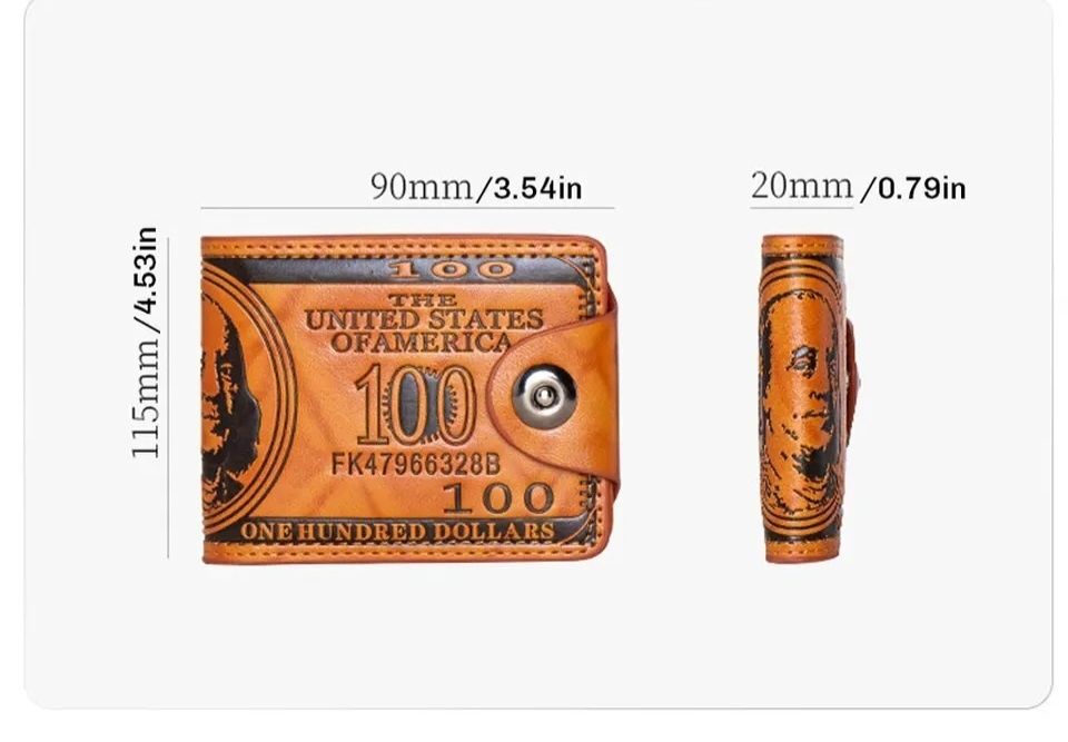 Portofel bancnotă 100 dolari. Gravat laser. Spațios, ușor, flexibil.