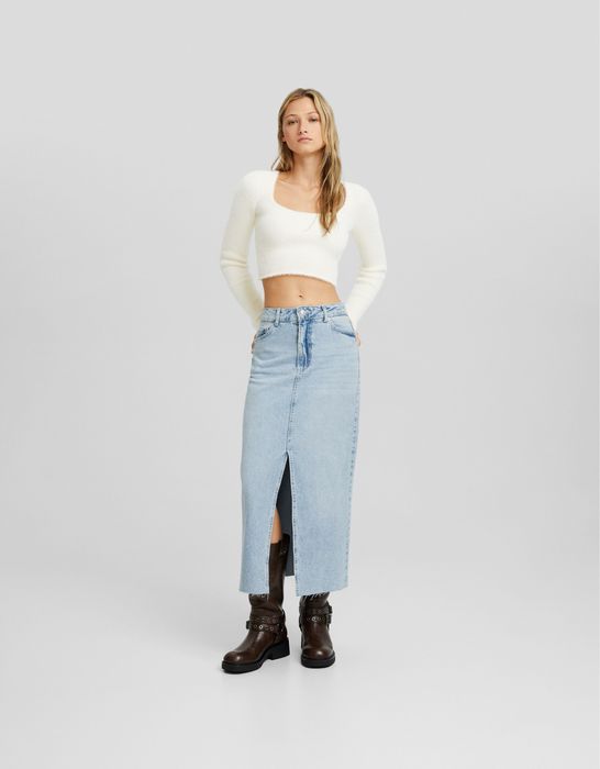 Дълга пола деним bershka denim