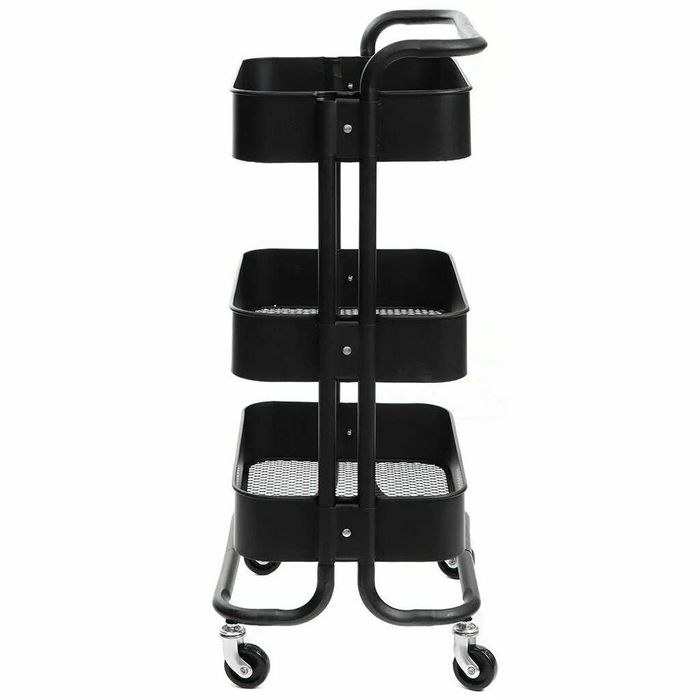 Этажерка на колесах 3-х ярусная черная, прочная и вместительная