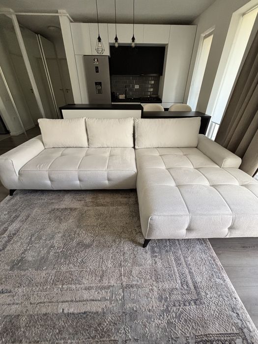 Coltar extensibil alb/beige, 290x175x85 cm din stofa aragon