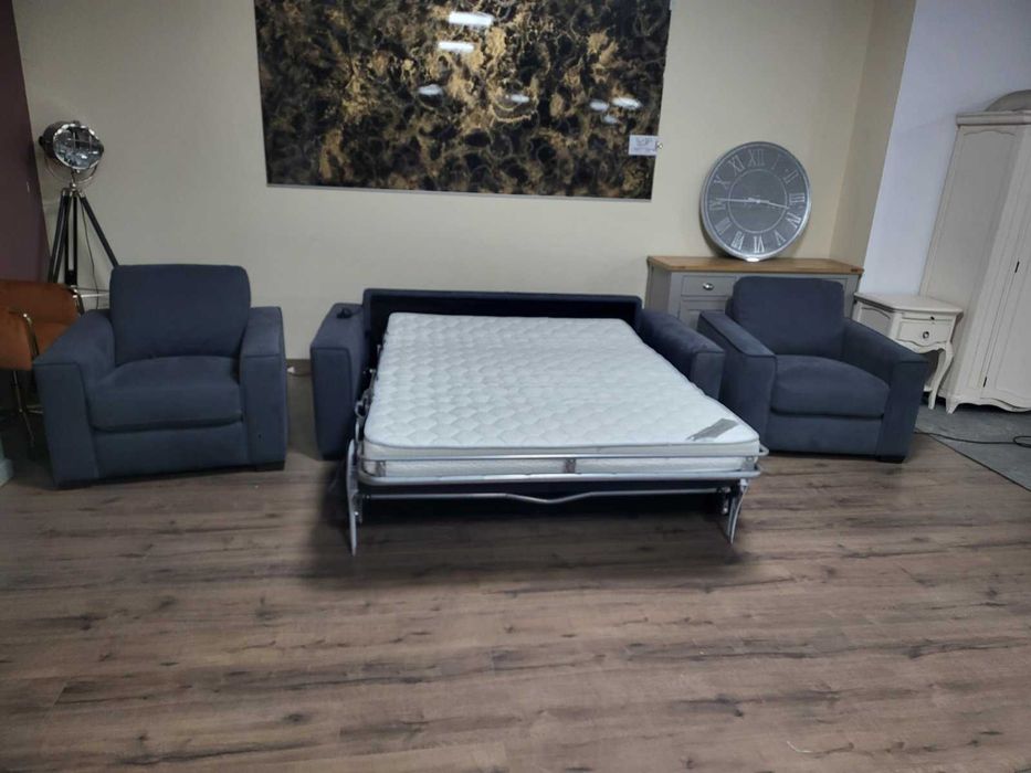 Сив комплект от плат набук диван тройка с функция сън и два фотьойла