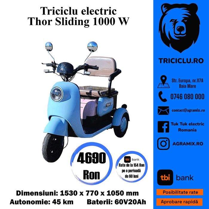 Triciclu electric nou motor 1000 W THOR SLIDING Agramix