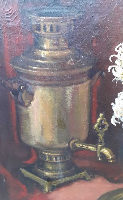 Tablou mare si vechi - natura statica cu samovar - semnat E Muller