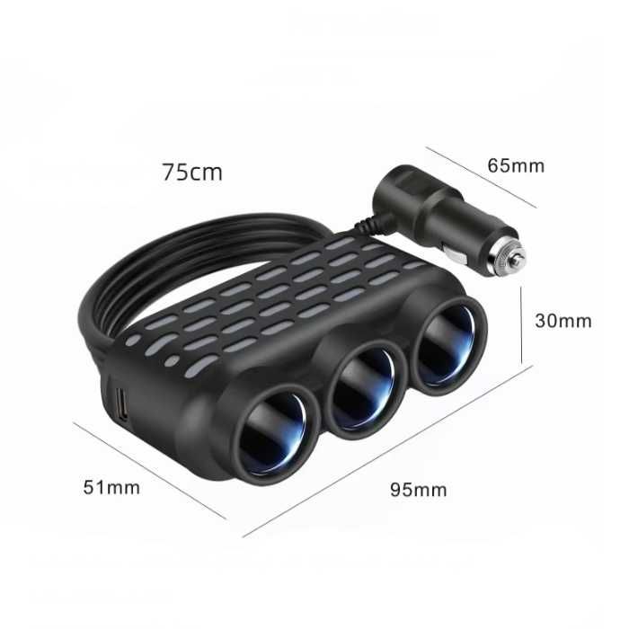 Разклонител за запалка 12V/24V – 3 гнезда, 1x Type-C, 1x USB, 120W