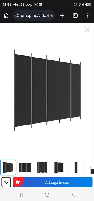 Paravan de cameră cu 5 panouri, material textil negru, 250x200 cm