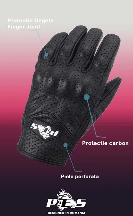 Manuși Moto din Piele Perforată cu Protecție Carbon, PES, Negru