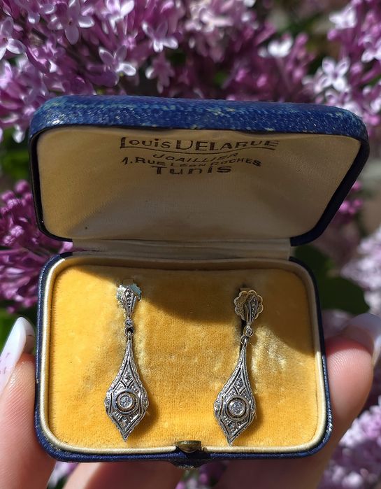 Cercei Art Deco autentici din aur de 14K cu diamante naturale