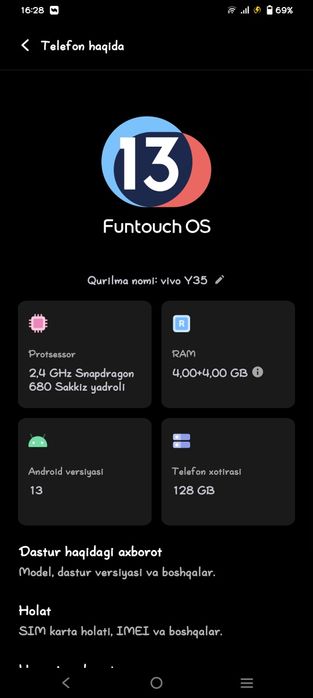 Vivo Y35 telefon zudlik bilan sotiladi.2mln800ming.Holati yangi