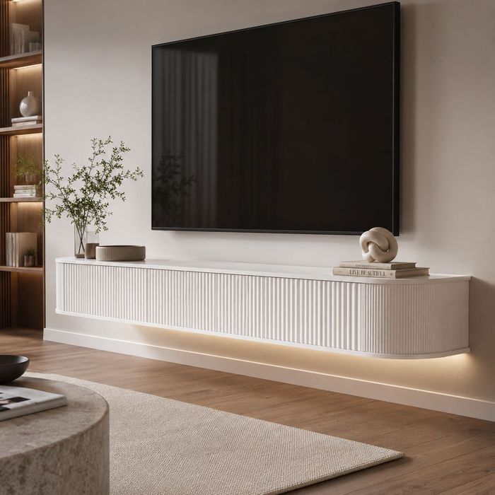 Comodă TV suspendată PURFINO 180 cm, LED RGB, alb, pentru TV 65–75