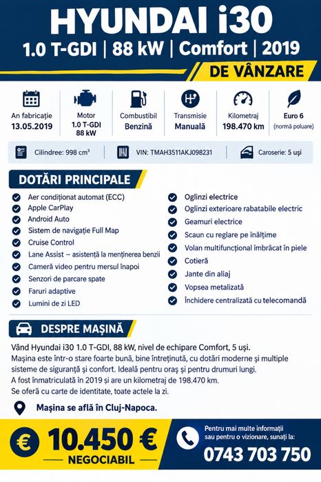 Vânzare auto - Hyundai i30 1.0 T-GDI 88 kW Comfort 2019 | 198.470 km | Euro 6 | Navi