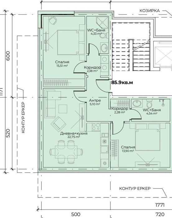 3-стаен в София-Симеоново площ 99 цена 257000